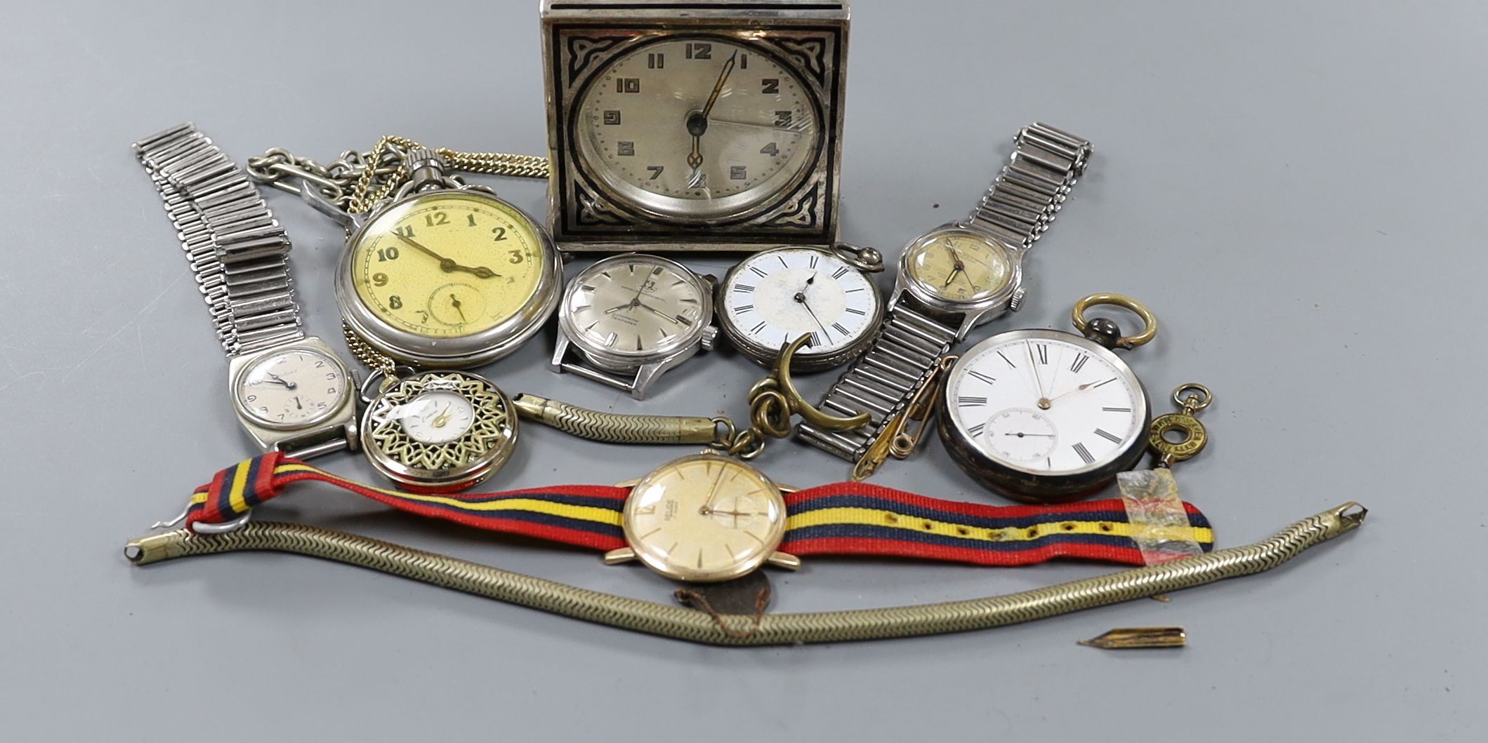 A silver half hunter pocket watch and assorted wristwatches including Watches of Switzerland Seafarer.